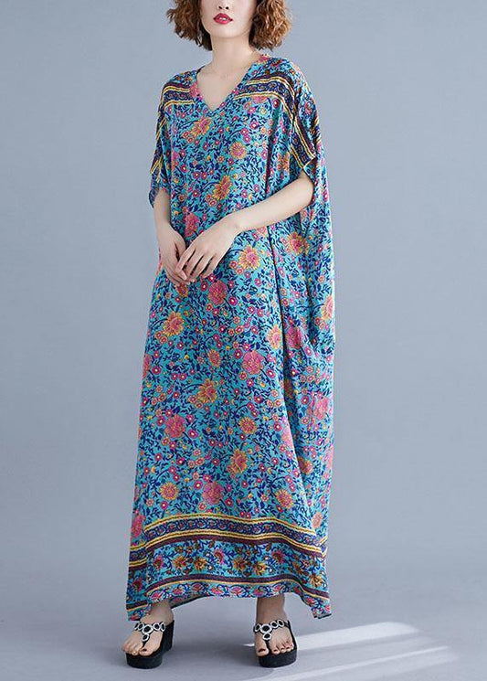 V Neck Pockets Cotton Summer Tunic Pattern Photography Blue Print Long Dress