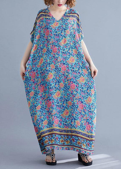 V Neck Pockets Cotton Summer Tunic Pattern Photography Blue Print Long Dress