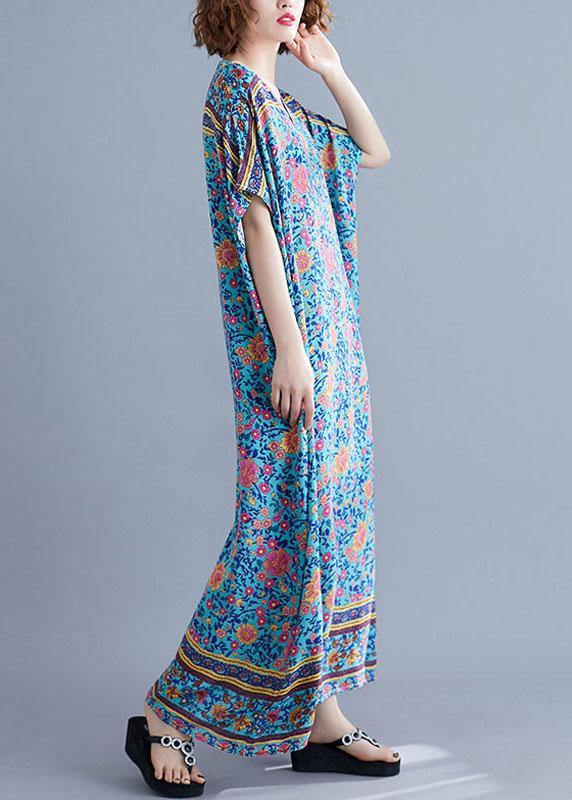 V Neck Pockets Cotton Summer Tunic Pattern Photography Blue Print Long Dress