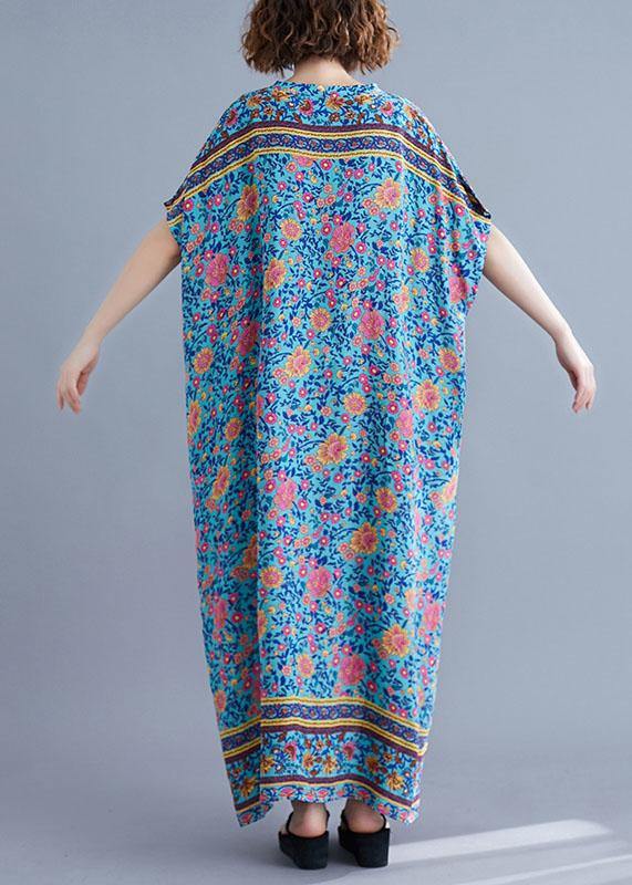 V Neck Pockets Cotton Summer Tunic Pattern Photography Blue Print Long Dress
