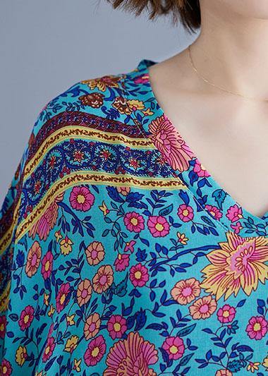 V Neck Pockets Cotton Summer Tunic Pattern Photography Blue Print Long Dress