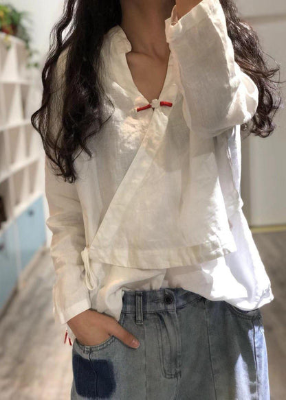 White Linen Blouse V Neck Fall Top