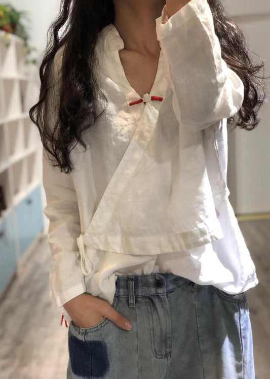 White Linen Blouse V Neck Fall Top