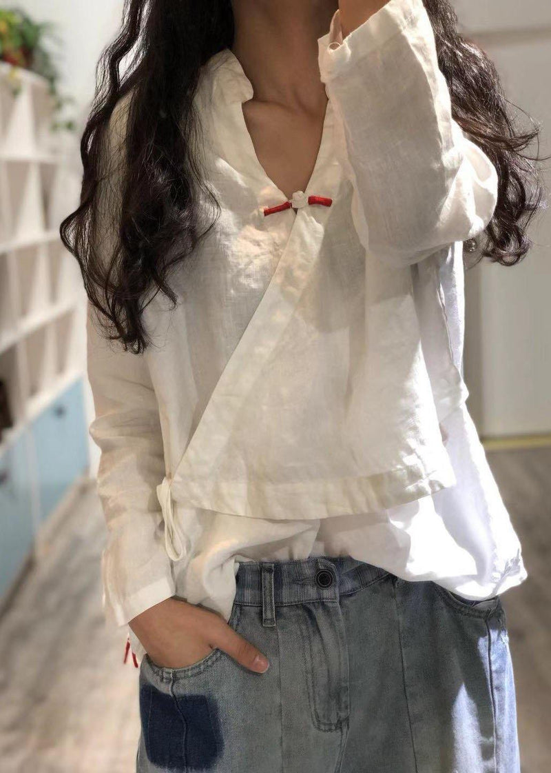 White Linen Blouse V Neck Fall Top