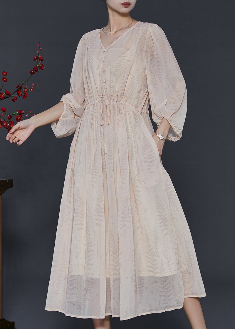 Apricot Cinched Print Chiffon Dresses Summer