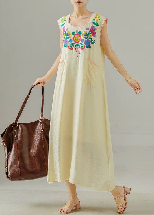 Apricot Embroidered Cotton Long Dress Sleeveless