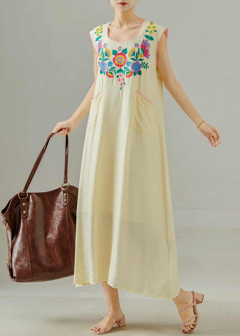 Apricot Embroidered Cotton Long Dress Sleeveless