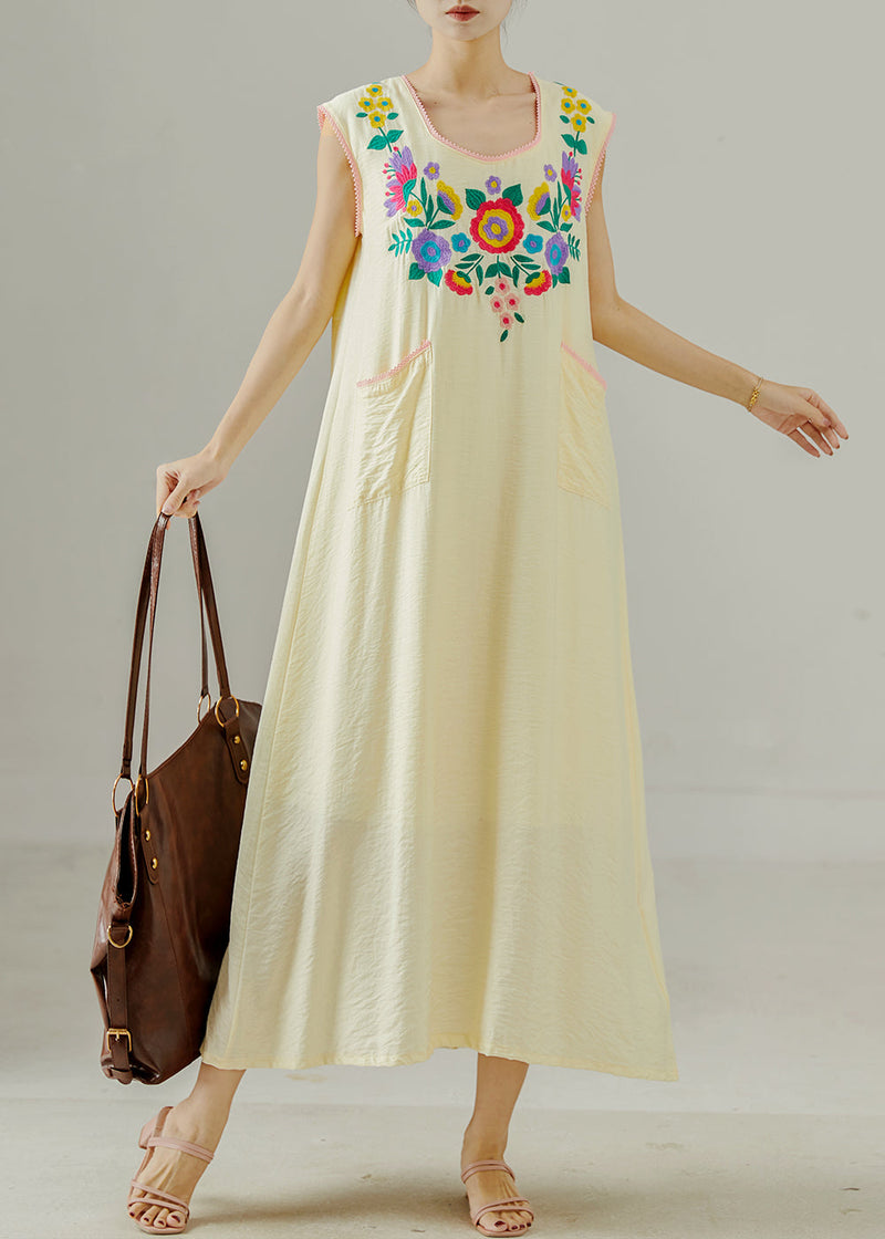 Apricot Embroidered Cotton Long Dress Sleeveless
