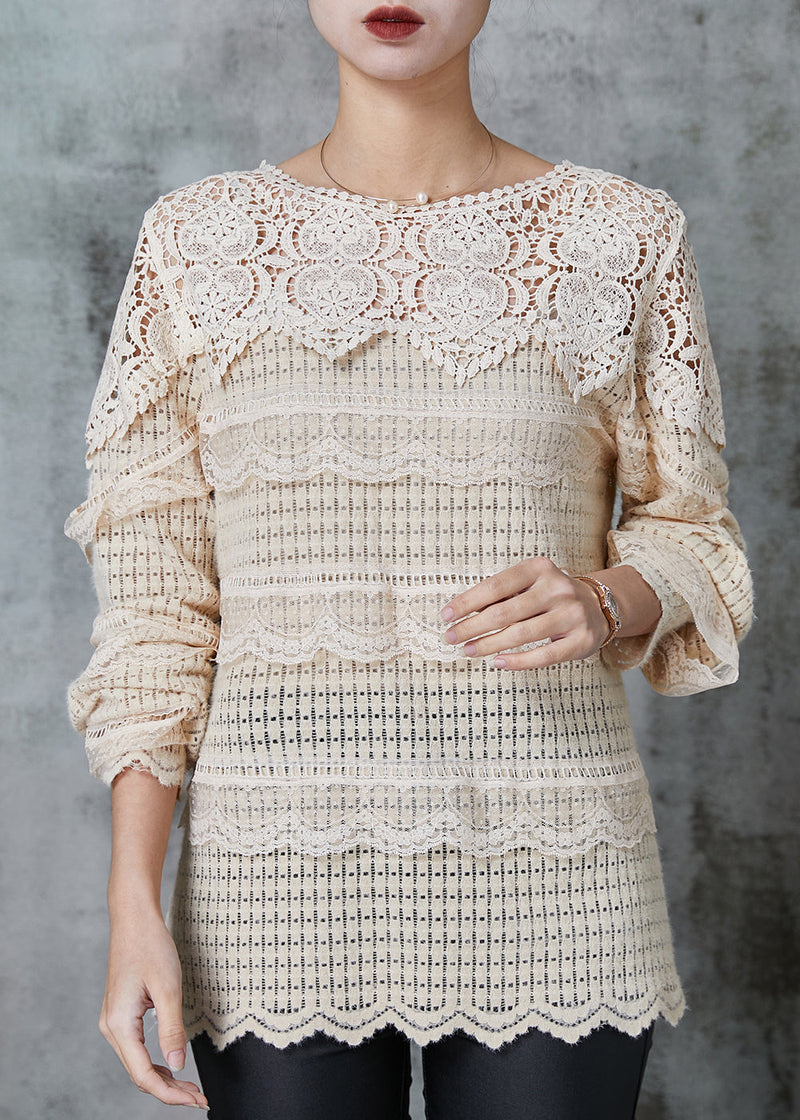 Apricot Hollow Out Patchwork Knit Blouse Tops Spring