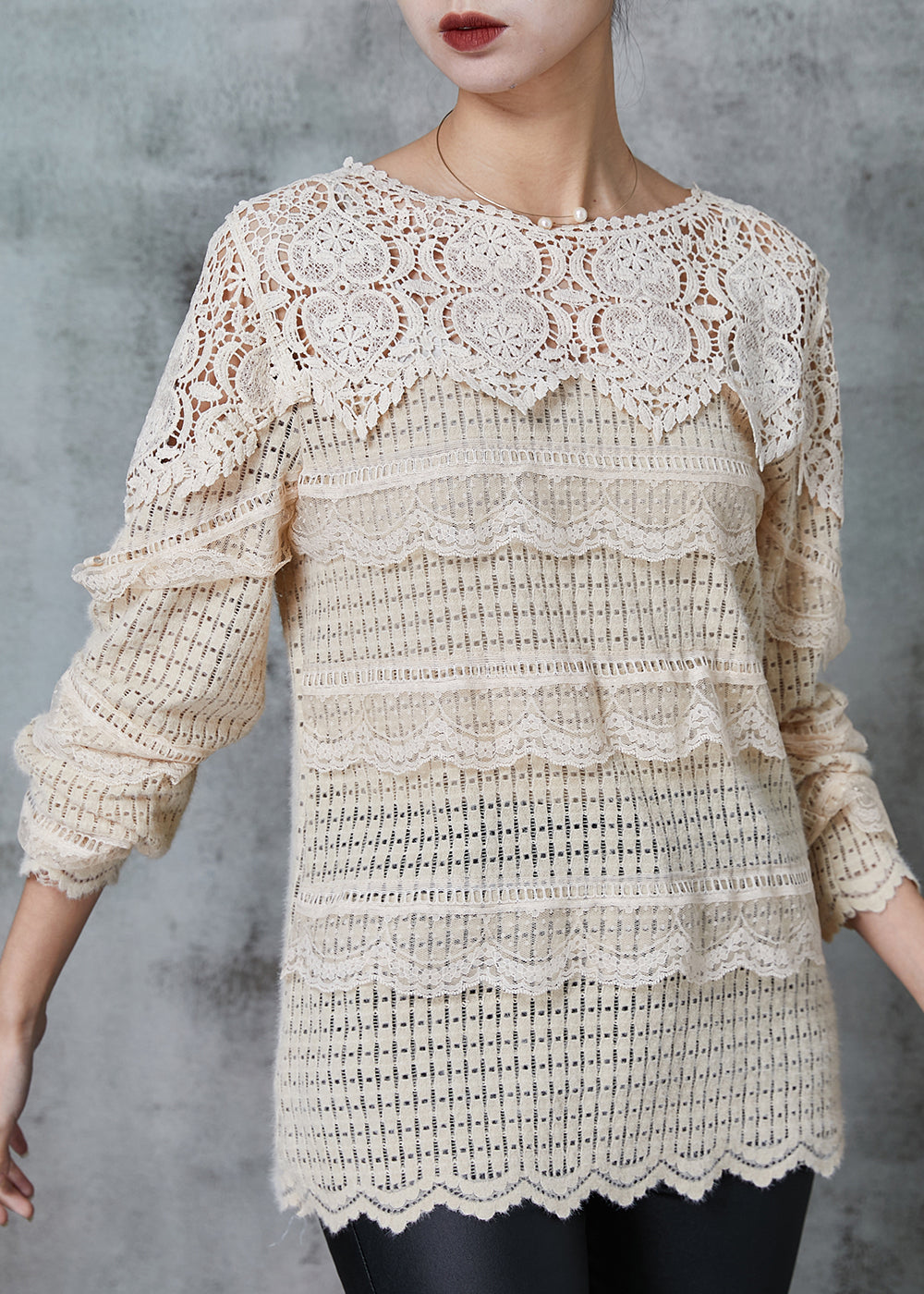 Apricot Hollow Out Patchwork Knit Blouse Tops Spring