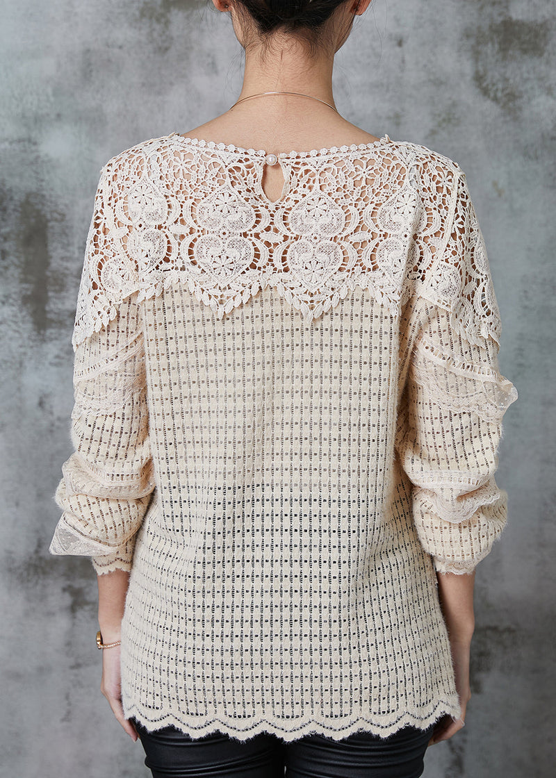 Apricot Hollow Out Patchwork Knit Blouse Tops Spring