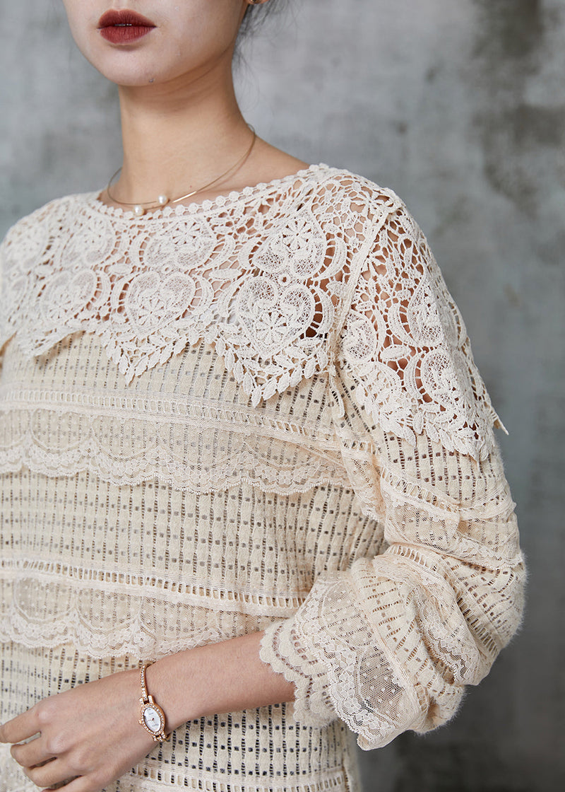 Apricot Hollow Out Patchwork Knit Blouse Tops Spring