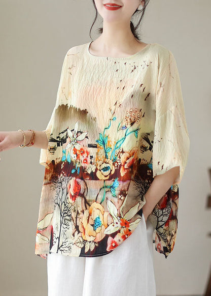 Apricot O Neck Print Patchwork Linen T Shirt Tops Summer