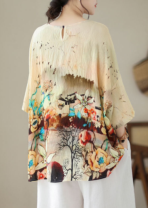 Apricot O Neck Print Patchwork Linen T Shirt Tops Summer