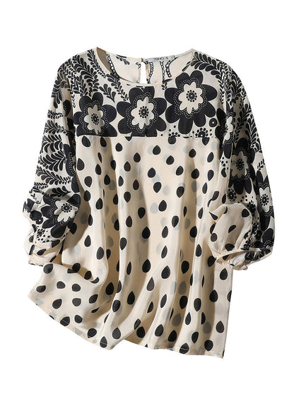Apricot O-neck Print Silk Shirts Long Sleeve