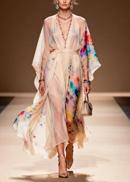 Apricot Tie Waist Print Chiffon Ankle Dress Summer