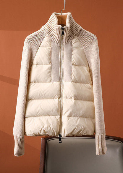 Apricot Turtleneck Zippered Patchwork Knit Parka Long Sleeve