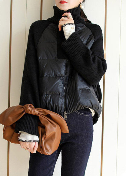 Apricot Turtleneck Zippered Patchwork Knit Parka Long Sleeve