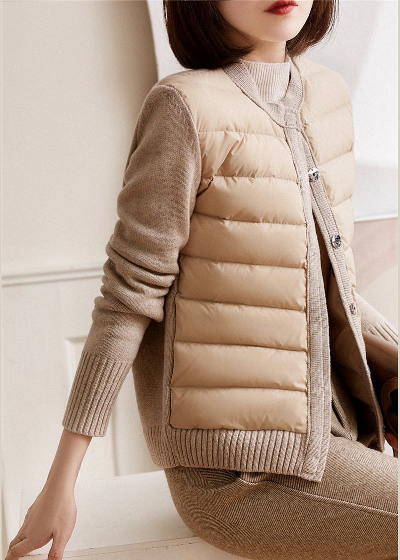 Apricot Turtleneck Zippered Patchwork Knit Parka Long Sleeve