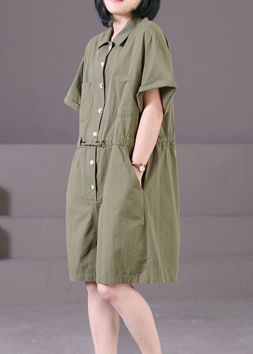 Army Green Peter Pan Collar Drawstring Pockets Color Cotton Overalls Jumpsuit Summer