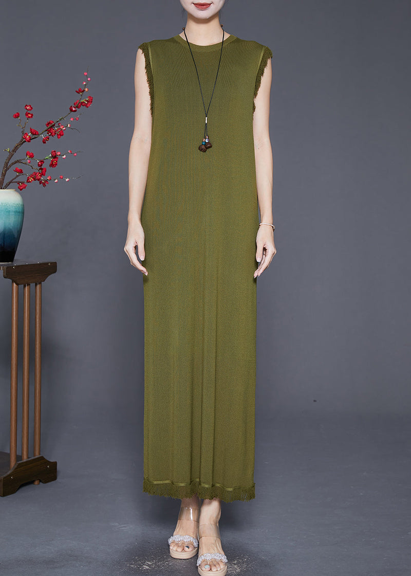 Army Green Tasseled Slim Fit Knit Dresses Sleeveless