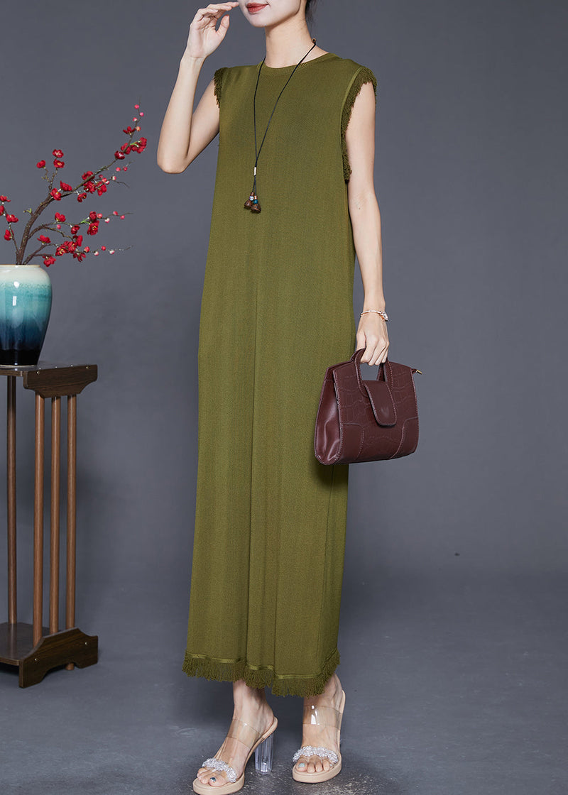 Army Green Tasseled Slim Fit Knit Dresses Sleeveless