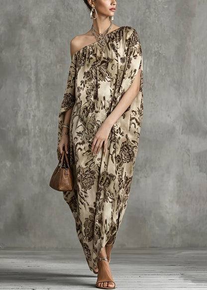 Asymmetrical Design Print Cotton Dress Batwing Sleeve