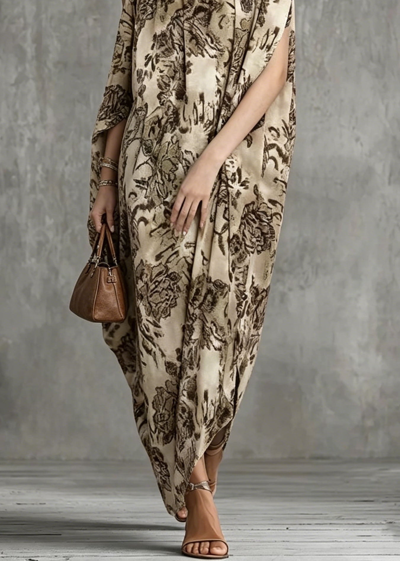 Asymmetrical Design Print Cotton Dress Batwing Sleeve