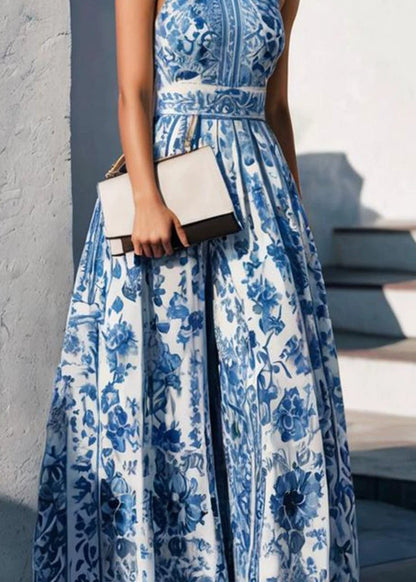 Baby Blue Peter Pan Collar Print Maxi Dress Summer