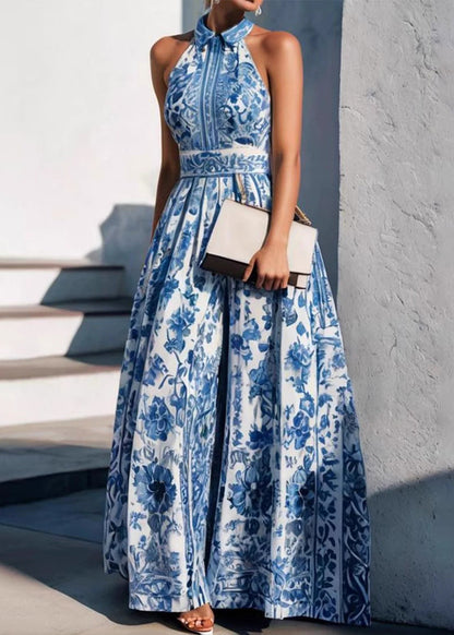 Baby Blue Peter Pan Collar Print Maxi Dress Summer