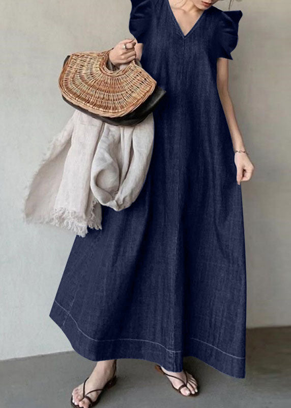 Baby Blue V Neck Ruffled Patchwork Denim Dress Summer