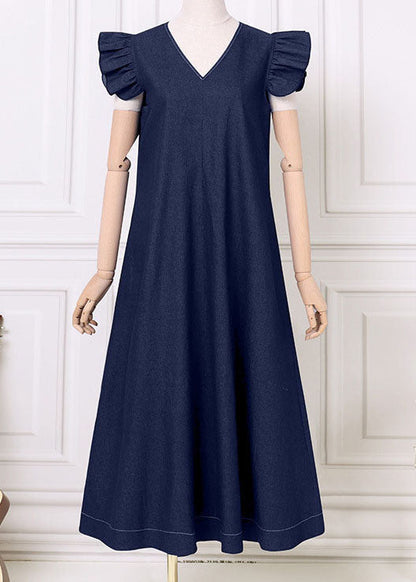 Baby Blue V Neck Ruffled Patchwork Denim Dress Summer