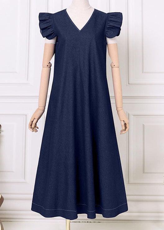 Baby Blue V Neck Ruffled Patchwork Denim Dress Summer