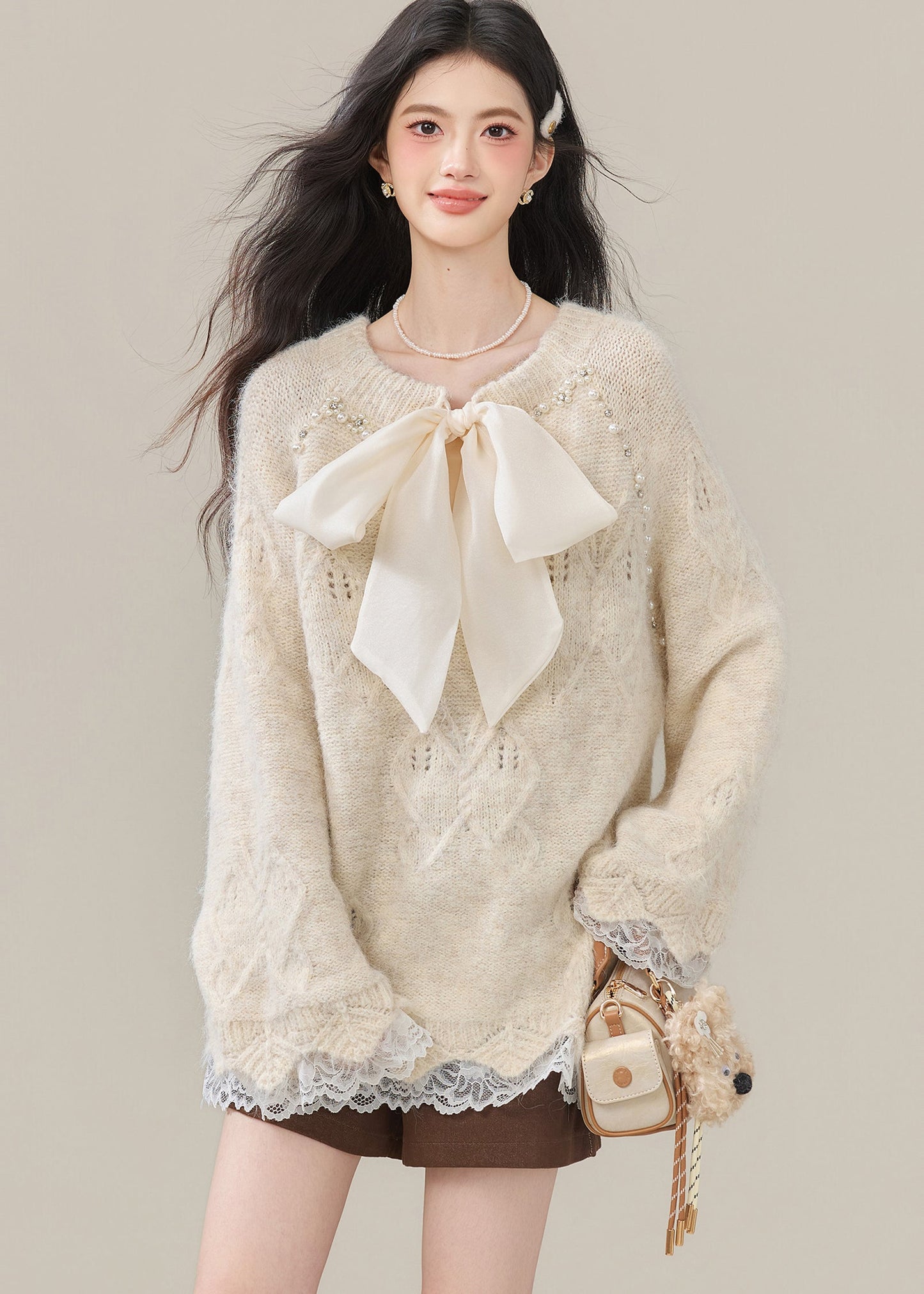 Beige Bow Nail Bead Patchwork Lace Knit Tops Winter