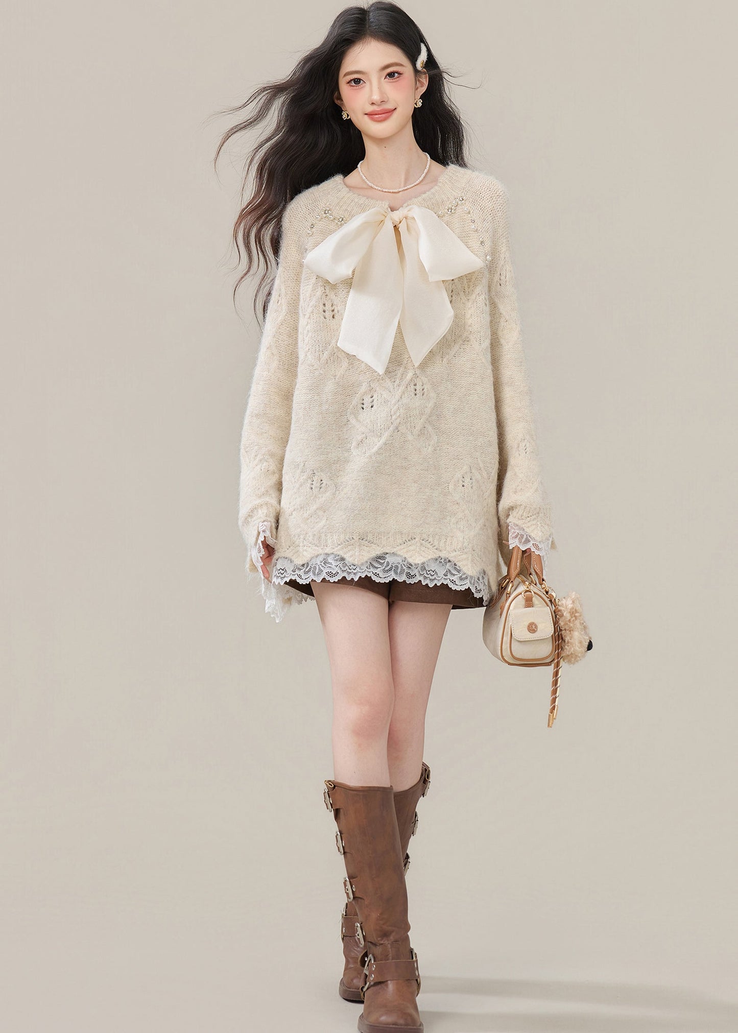 Beige Bow Nail Bead Patchwork Lace Knit Tops Winter