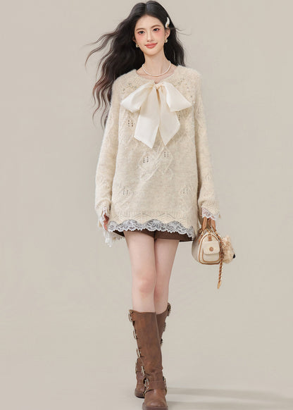 Beige Bow Nail Bead Patchwork Lace Knit Tops Winter