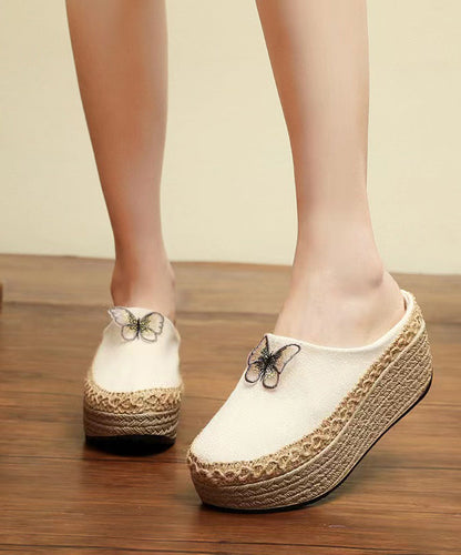 Beige Butterfly Cotton Fabric Wedge Heels Slide Sandals