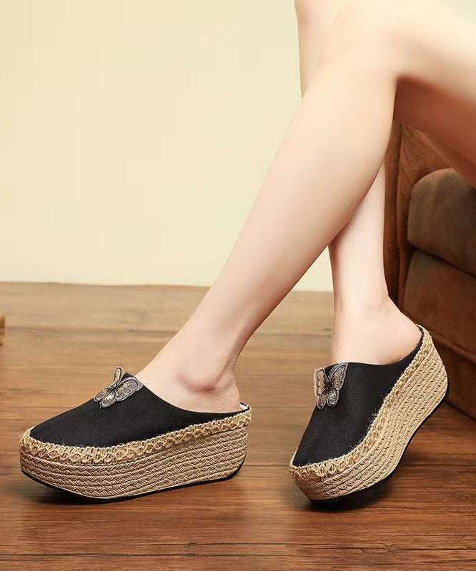 Beige Butterfly Cotton Fabric Wedge Heels Slide Sandals