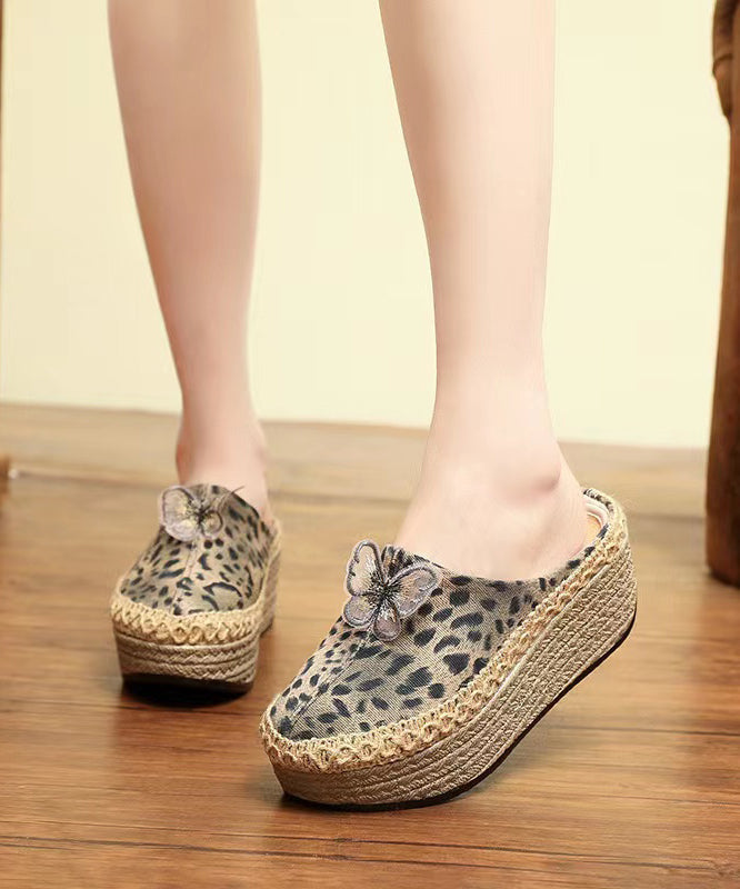 Beige Butterfly Cotton Fabric Wedge Heels Slide Sandals