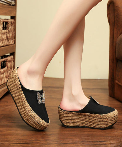 Beige Butterfly Cotton Fabric Wedge Heels Slide Sandals