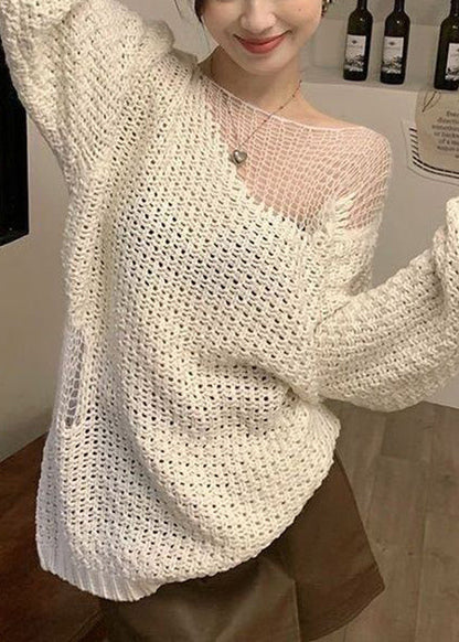 Beige Hollow Out Knit Sweater Spring