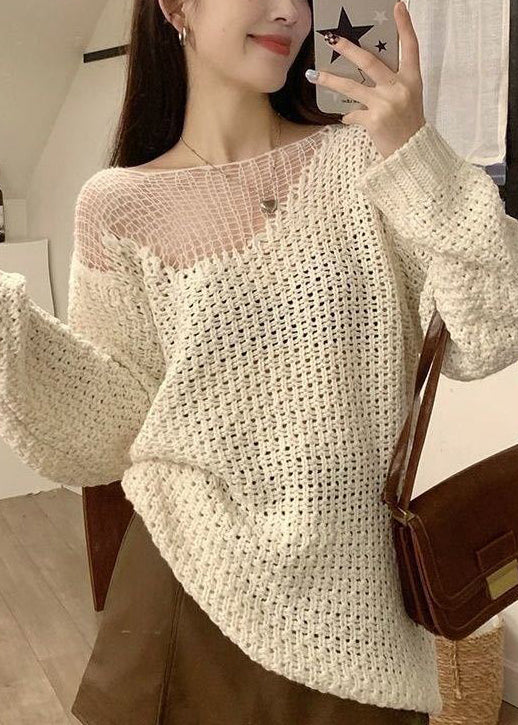 Beige Hollow Out Knit Sweater Spring