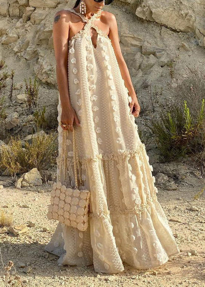 Beige Neck Tie Patchwork Holiday Maxi Dresses Summer