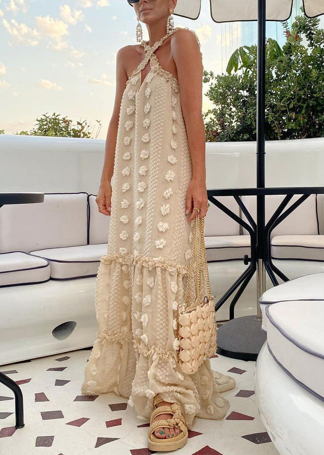 Beige Neck Tie Patchwork Holiday Maxi Dresses Summer