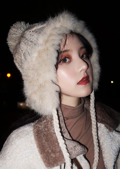 Beige Rabbit Hair Patchwork Knitted Cotton Hat