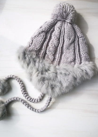 Beige Rabbit Hair Patchwork Knitted Cotton Hat