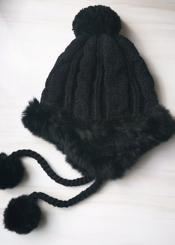 Beige Rabbit Hair Patchwork Knitted Cotton Hat