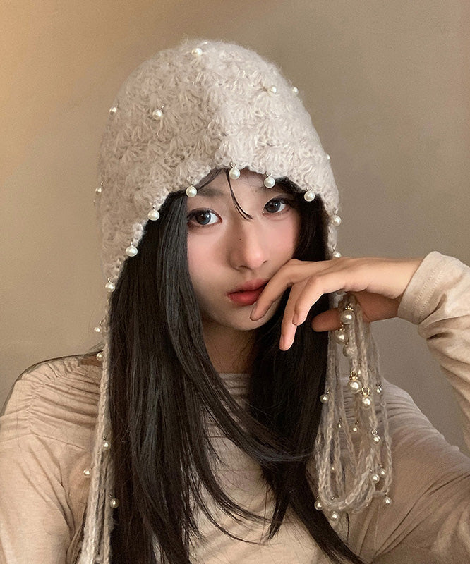 Beige Tassel Nail Bead Knit Bonnie Hat