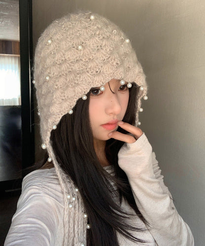 Beige Tassel Nail Bead Knit Bonnie Hat