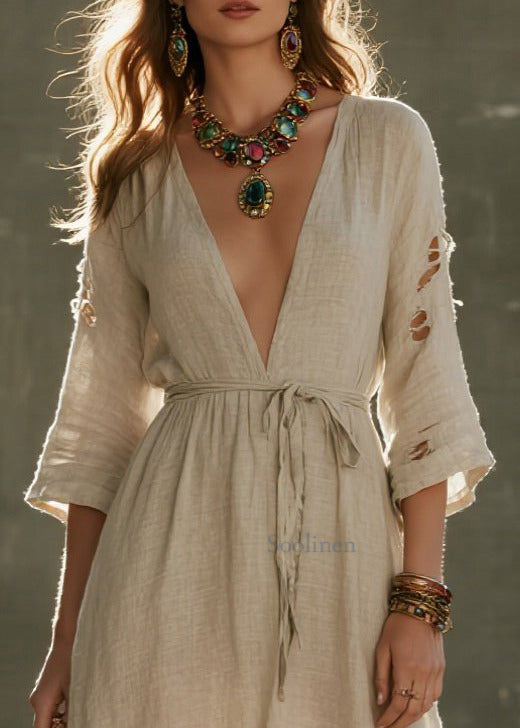 Beige Tie Waist Ripped Linen Vacation Dress Bracelet Sleeve
